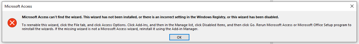 Microsoft Access can't find the wizard