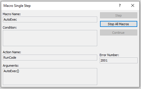 Access Macro Single Step Error 2001