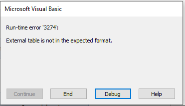 MS Access External Table Is Not in The Expected Format